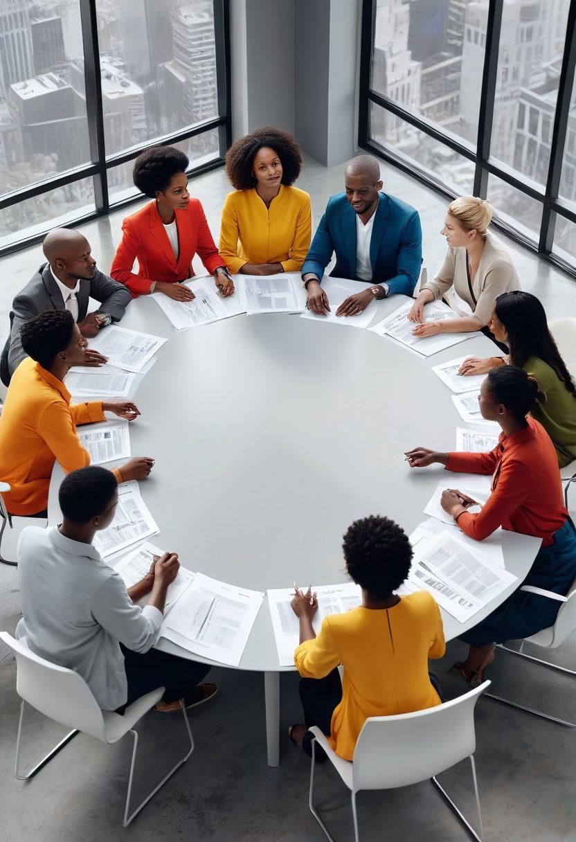 A thought-provoking scene showing diverse individuals engaged in animated discussions around a large round table, surrounded by gray-toned urban backdrops. Their varying expressions convey the intensity and depth of grown-up conversations, reflecting different age groups and cultures. Soft light filters through the scene, creating a warm and inviting atmosphere amidst the gray surroundings. Emphasize a contrast of vibrant colors in their clothing and expressive gestures. modern illustration. vibrant colors. soft light.