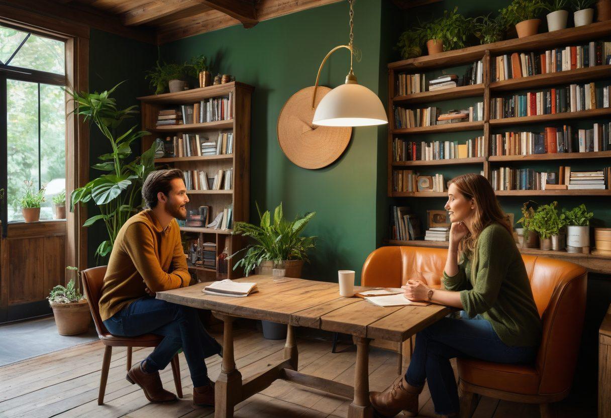 A deep conversation between two diverse adults seated at a coffee shop, with a backdrop of an elegantly designed bookshelf filled with books on relationships and adult themes. The setting reflects warmth and sophistication, featuring soft lighting, plants, and art on the walls. The expressions of the individuals show thoughtfulness and openness, creating an atmosphere of respectful dialogue. super-realistic. warm tones. cozy interior.