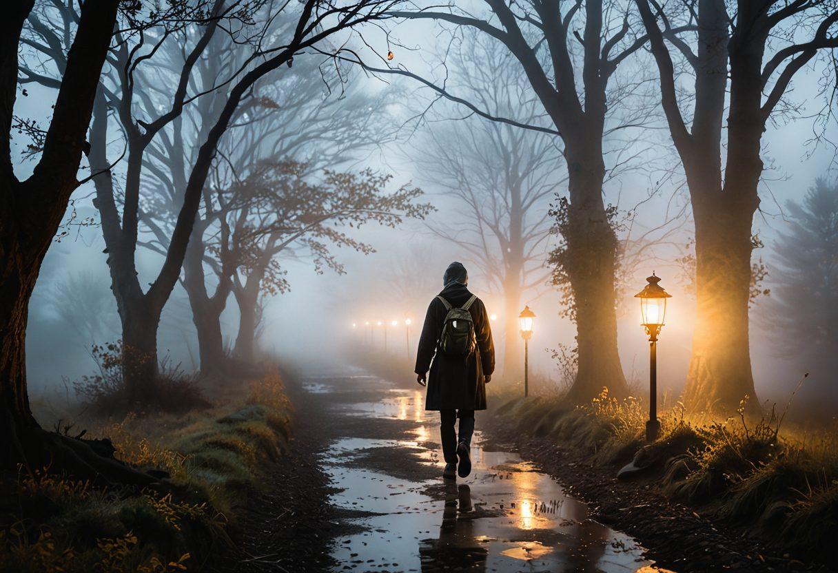 A sophisticated adult navigating a foggy path, representing the journey through complex taboo topics. The figure holds a lantern that illuminates symbols of various mature discussions like mental health, sexuality, and societal norms hidden in the mist. Soft gray tones dominate the landscape while subtle hints of vibrant colors emerge, representing insights and understanding. The background features abstract thought bubbles floating above, encouraging contemplation. super-realistic. soft colors. atmospheric.